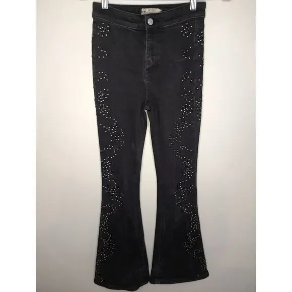 Free people love forever cowgirl studded embellished gray denim flare jeans 25 - Picture 2 of 13